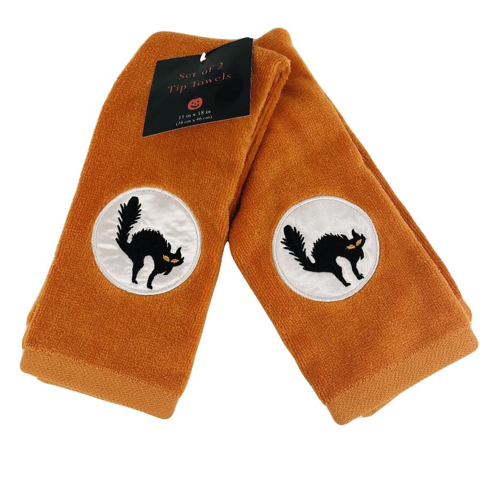 Halloween Hand Tip Towels Set of 2 Black Cat Applique Bathroom Decoration New